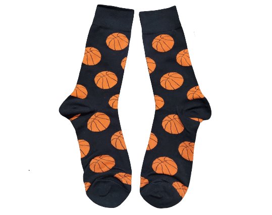 Black socks with orange basketball patterns on a white background