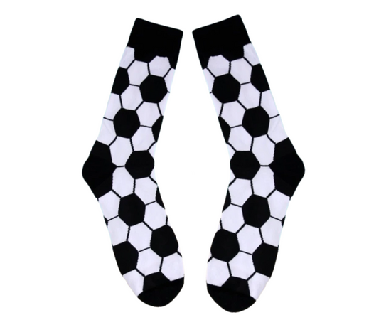 Black and white soccer ball print socks laid flat on a white background