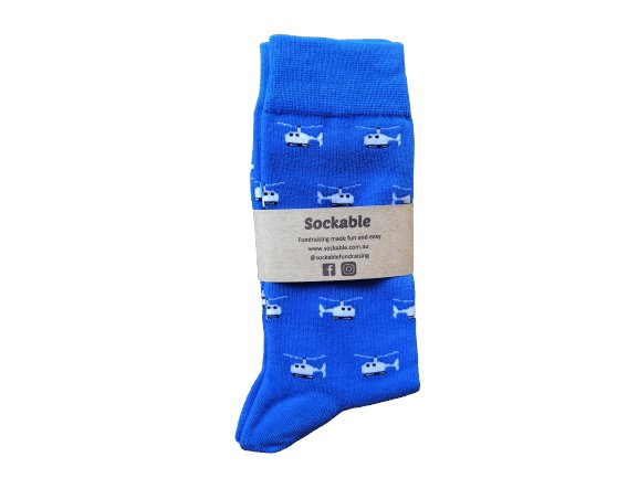 Blue helicopter socks in recyled card label ready for fundraising or gifting