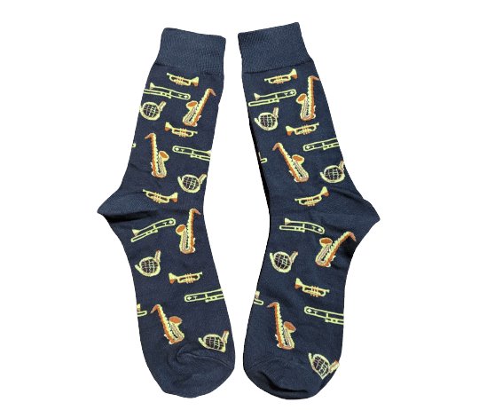 Brass band socks featuring trumbone, horn, trumpet and saxophone laid flat.