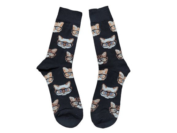 Black crew socks with glasses wearing cat faces size large laid flat