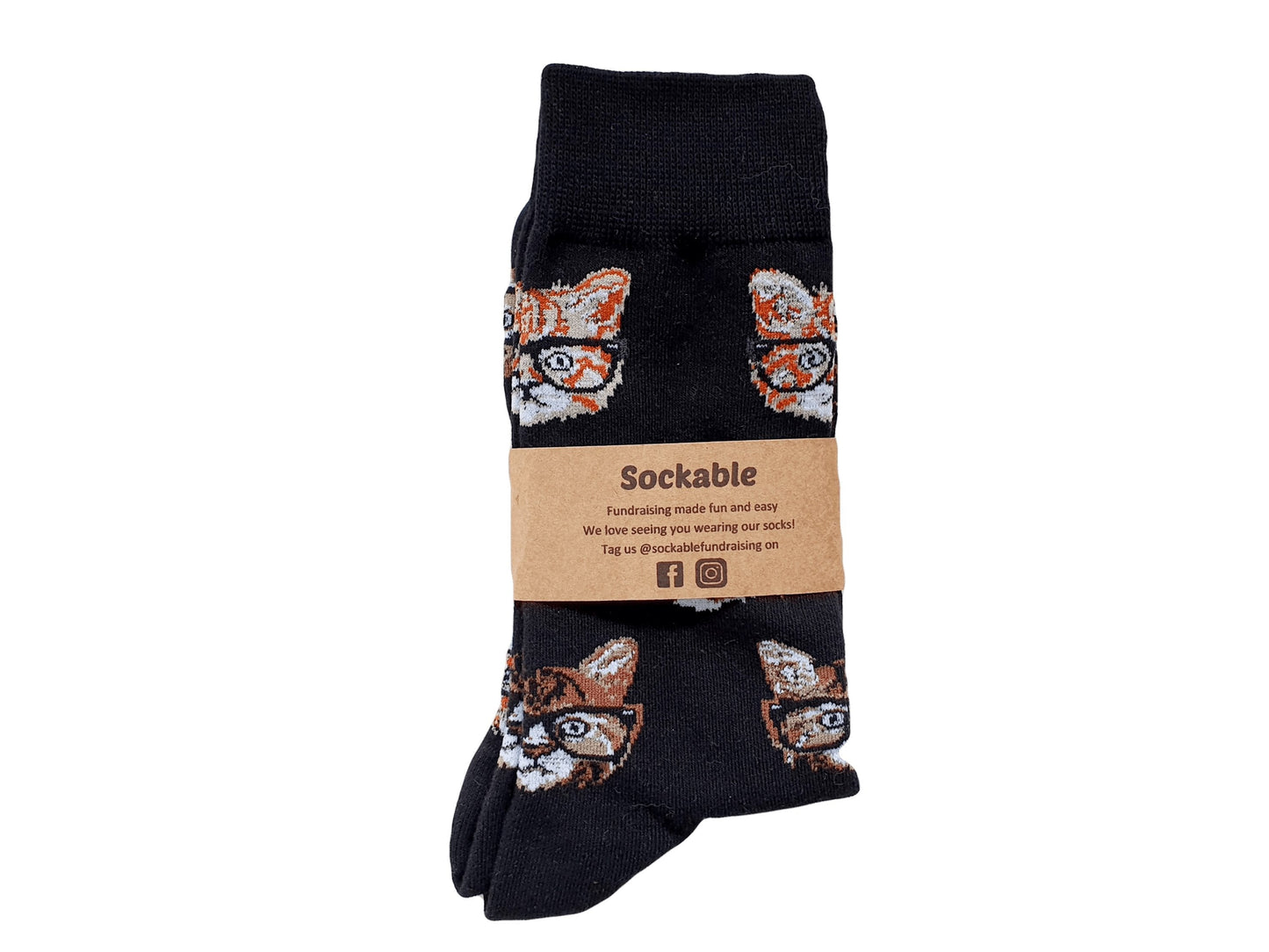 Clever puss black cat socks labelled for fundraising or gifting