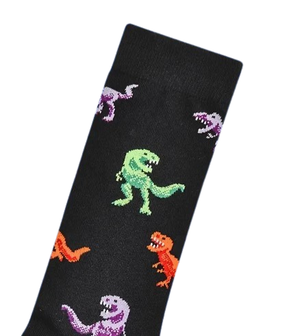 Close up image of the tube of trex dinosaur socks