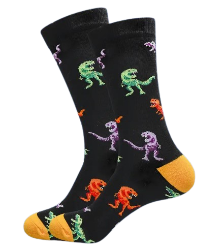 Fun dinosaur socks for adults – T-Rex pattern with yellow accents”