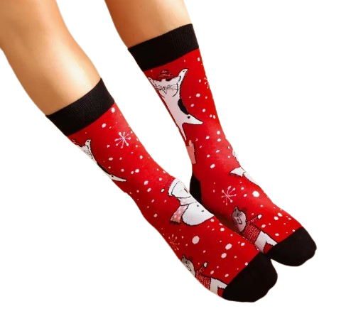 Red socks with black trim and christmas cat pattern