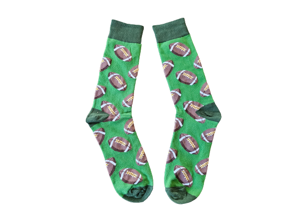 Green football-themed crew socks in size Large, featuring brown footballs, fun gift for sports fans or fundraisers