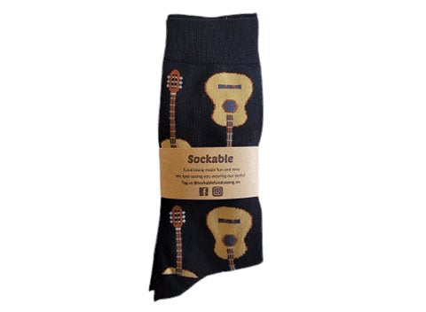 Golden guitar socks with recycled card label ready for gifting or fundraising