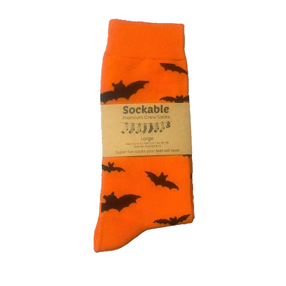 Orange sock with black bat patterns and 'Sockable' label on a white background
