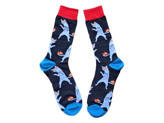 Black socks with cats wearing karate headbands laid flat size large