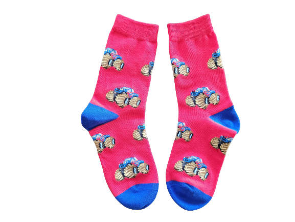 Red socks with monster trucks and blue toe and heel laid flat.