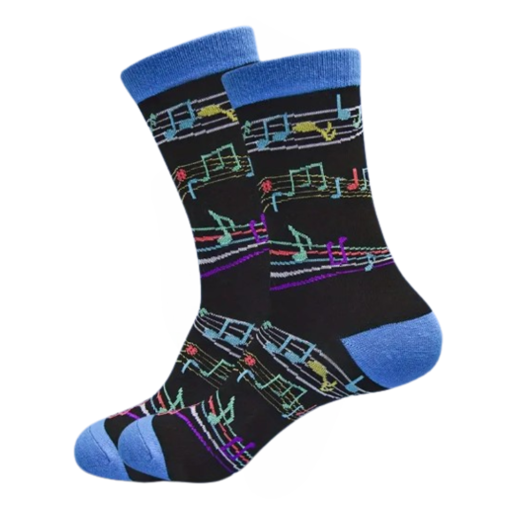 Black socks with blue cuffs and musical notes on a mannequin
