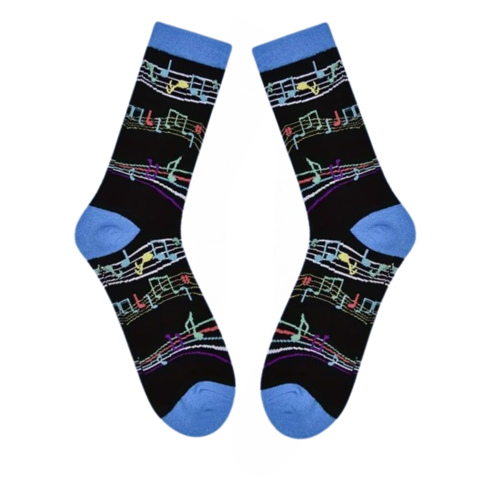 Crew-length socks in size Medium with black musical notes laid flat, ideal for music fans, teachers, or band fundraisers
