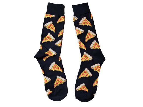 Black socks with stuffed crust pepperoni pizza slices laid flat on a white background.