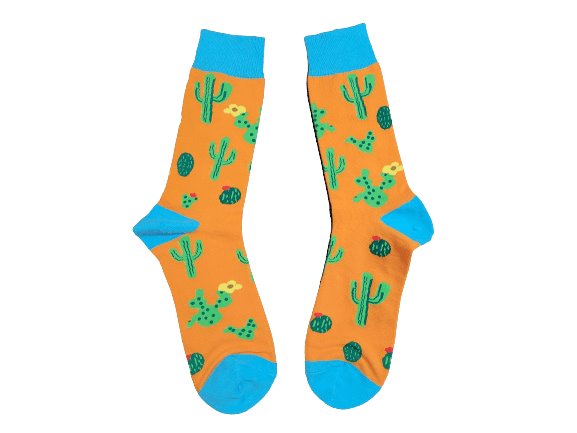 Orange crew socks with green cactus design – size large laid flat on white background