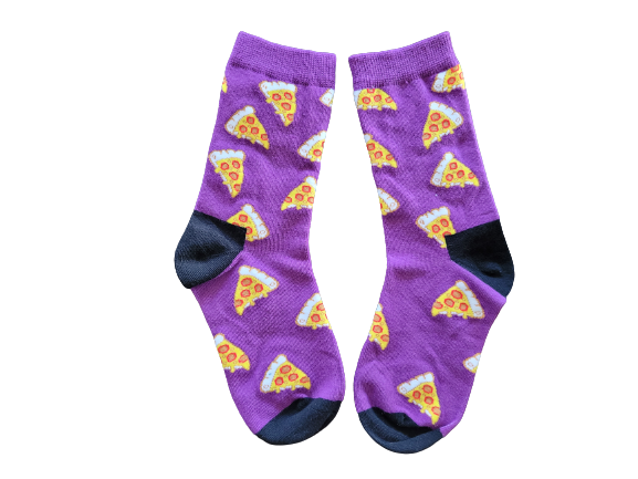 Purple socks with stuffed crust pizza slices laid flat