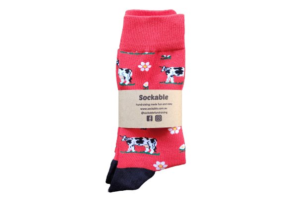 Red cow socks with recycled card label ready for gifting or fundraising