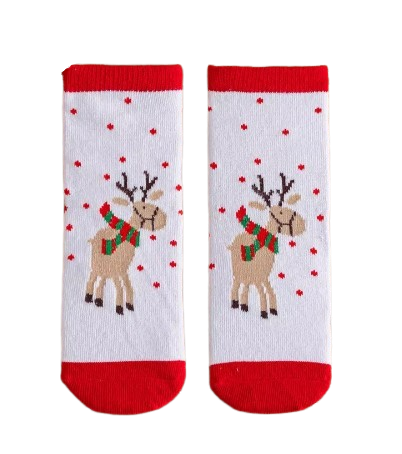 White socks with red trim featuring reindeer on the front laid flat
