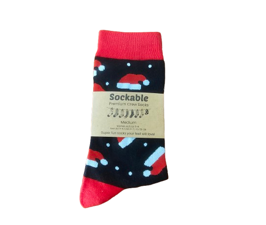 Sockable premium crew sock with santa hats and snowflakes on a black sock with red cuffs.