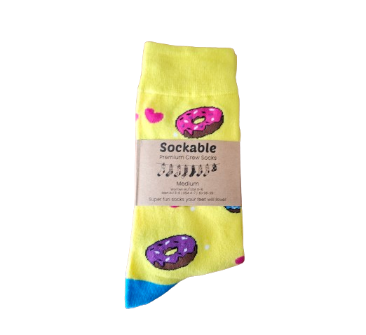 Yellow donut socks with recycled card label ready for gifting or fundraising