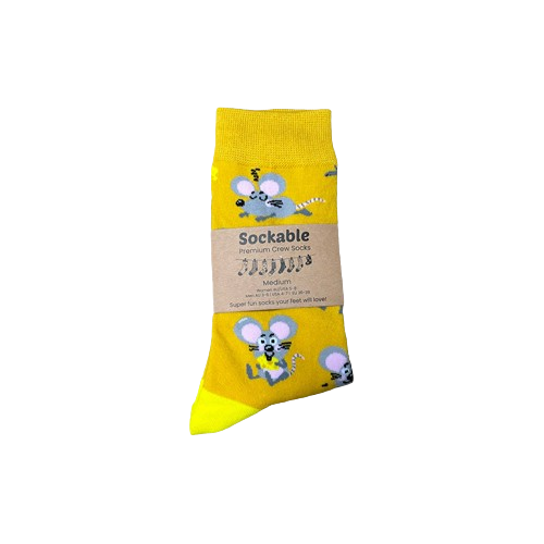 Yellow mouse socks with recycled card label ready for fundraising or gifting