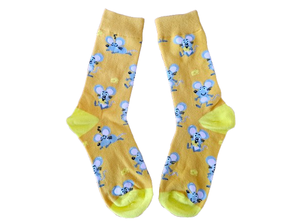 Yellow socks with a fun mouse print laid flat