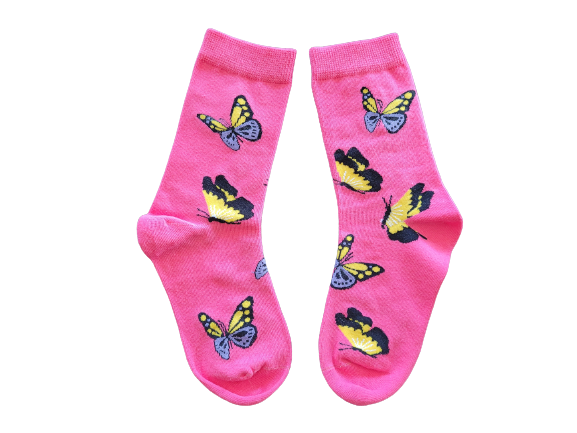 Pink crew socks with butterfly design for kids, size Small, displayed flat