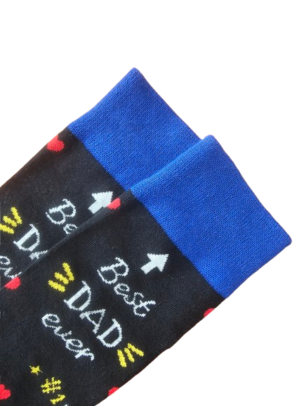 Closeup view of the cuff and tube of best dad ever socks laid flat