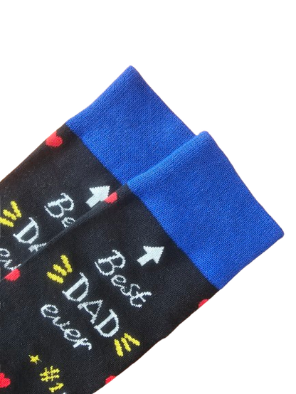 Closeup view of the cuff and tube of best dad ever socks laid flat