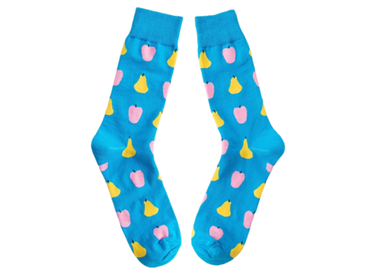 Blue crew socks with apple and pear design laid flat