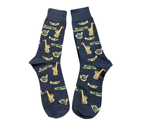 Brass band socks featuring trumbone, horn, trumpet and saxophone.