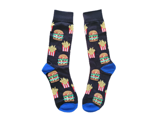 Black socks with blue toe and heel featuring burgers and fries design laid flat.