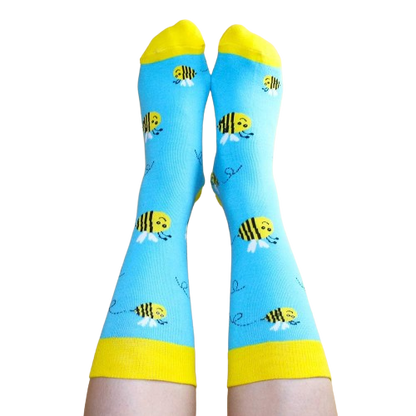 Buzzy bee socks worn by model