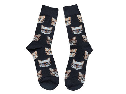 Black crew socks with glasses wearing cat faces size large laid flat