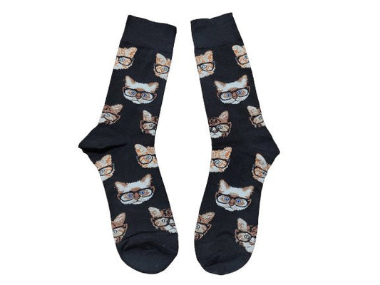 Black crew socks with glasses wearing cat faces size large laid flat
