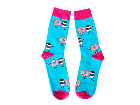 Bright blue socks with pink donuts and coffee cups on white background
