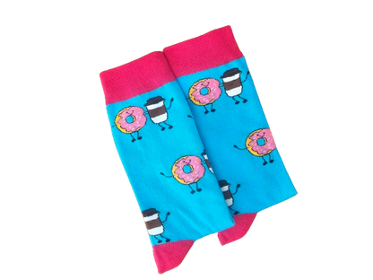 Coffee and donut themed novelty socks for gifting or fundraising