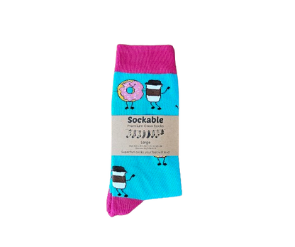 Unisex large crew socks with breakfast food print in packaging