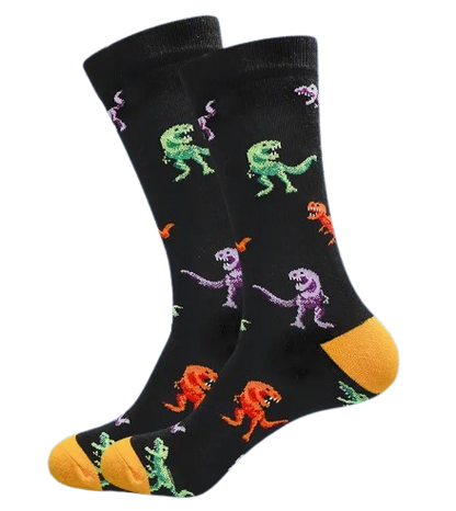 Fun dinosaur socks for adults – T-Rex pattern with yellow accents”