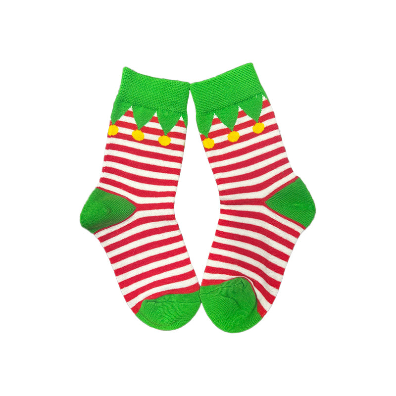 Red and white striped elf socks with green accents on a white background
