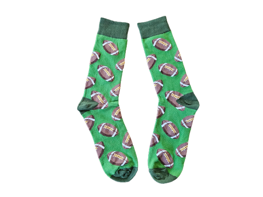 Green football-themed crew socks in size Large, featuring brown footballs, fun gift for sports fans or fundraisers