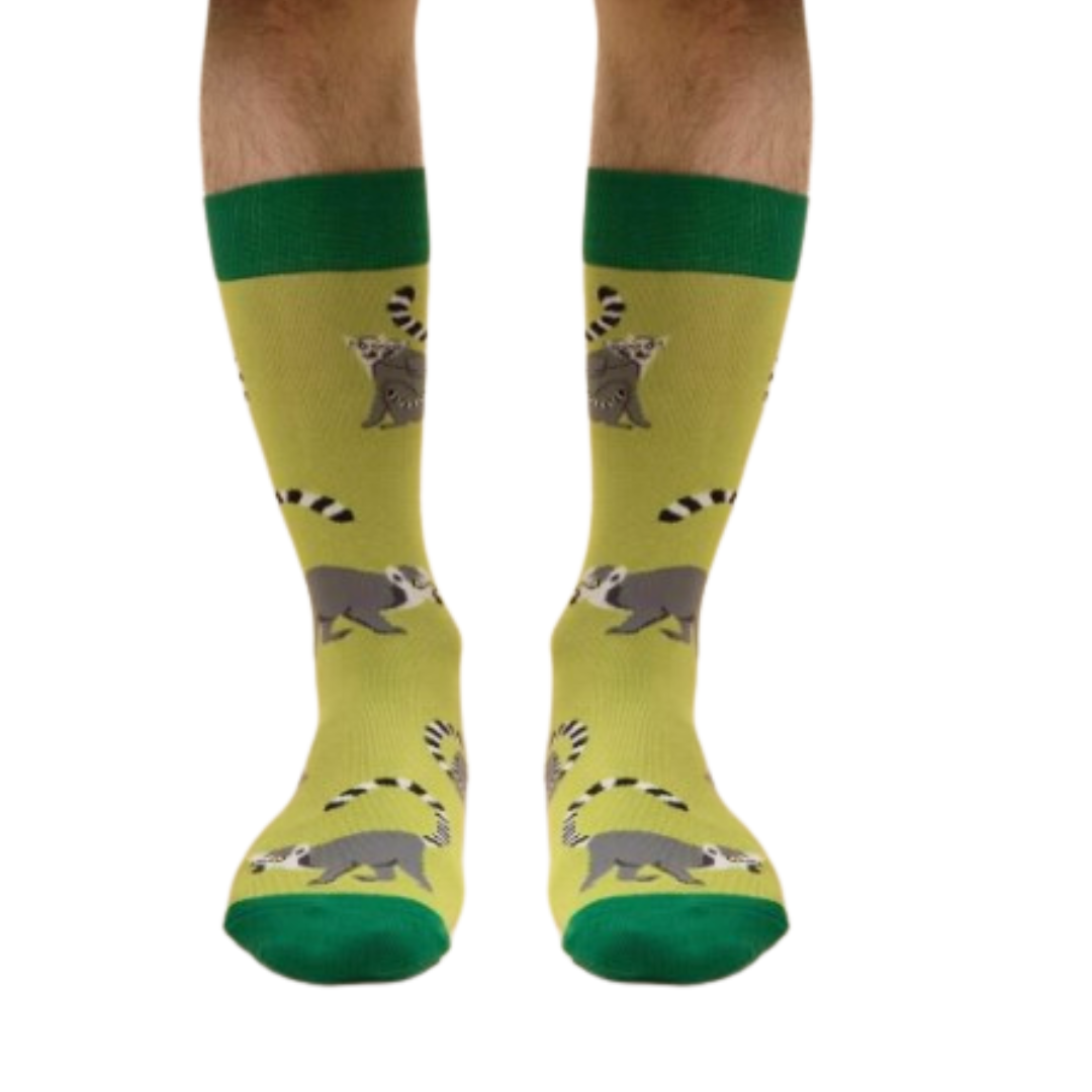 Model wearing green lime lemur socks