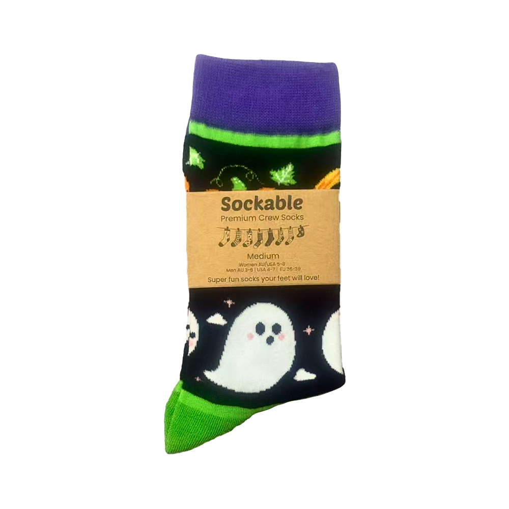 Halloween-themed sock with ghost and pumpkin design on a white background, with a Sockable label.