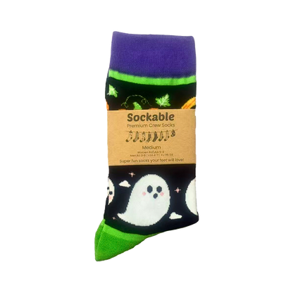 Halloween-themed sock with ghost and pumpkin design on a white background, with a Sockable label.