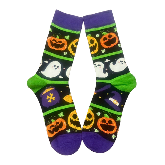 Halloween-themed socks with pumpkins, ghosts, and witch hats on a black background.
