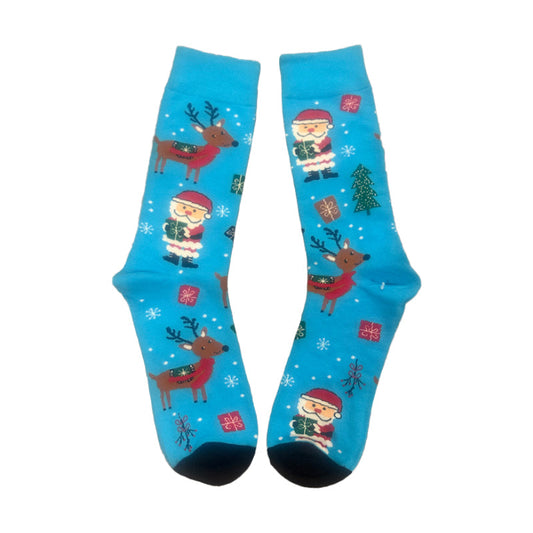 Pair of blue Christmas-themed socks with Santa Claus and reindeer on a white background