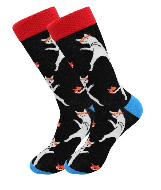 Cat socks doing karate on mannequin