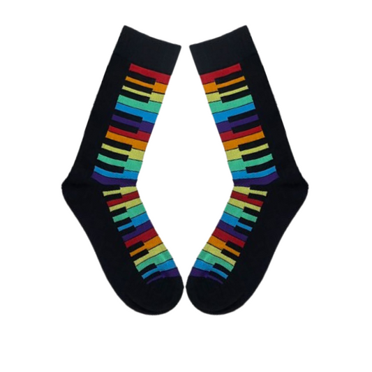 Black and white crew socks with keyboard design, size Large, laid flat. Perfect for musicians and music lovers.