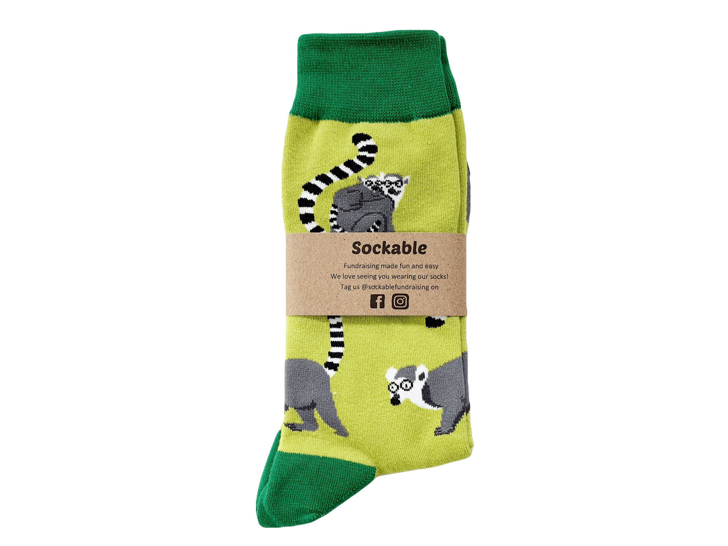 Green lemur socks labelled ready for selling or fundraising