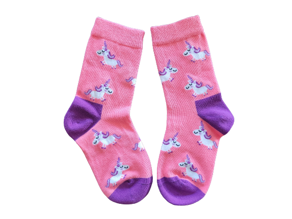 Pink socks with a unicorn pattern and purple heel and toe laid flat.