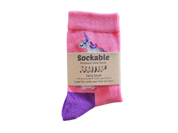Pink and purple sock with a unicorn design and 'Sockable' label on a white background